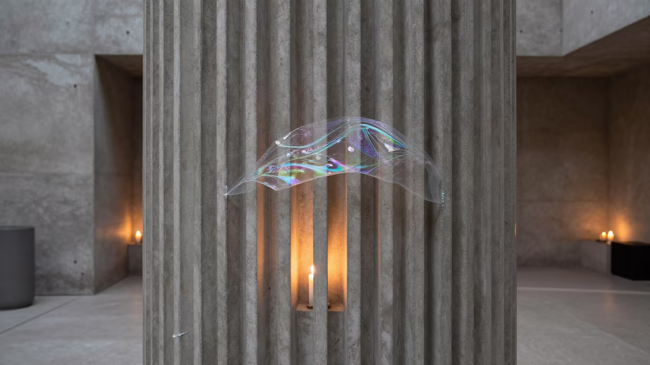 Iridescent Soap Film Draining in Concrete Lobby in inside a ribbed concrete lobby near Chișinău