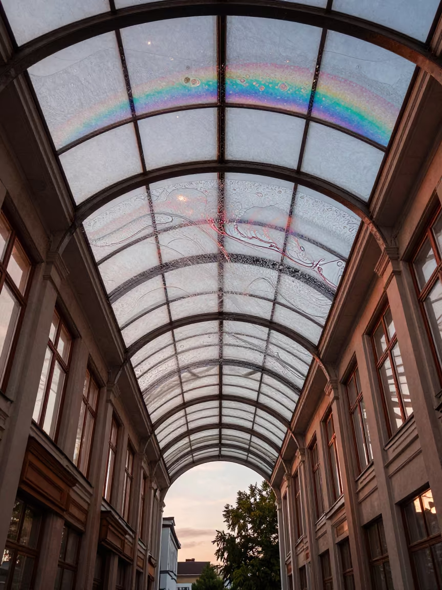 Iridescent Soap Fractal Draining in Yekaterinburg Arcade in inside a glass-roofed arcade in Yekaterinburg