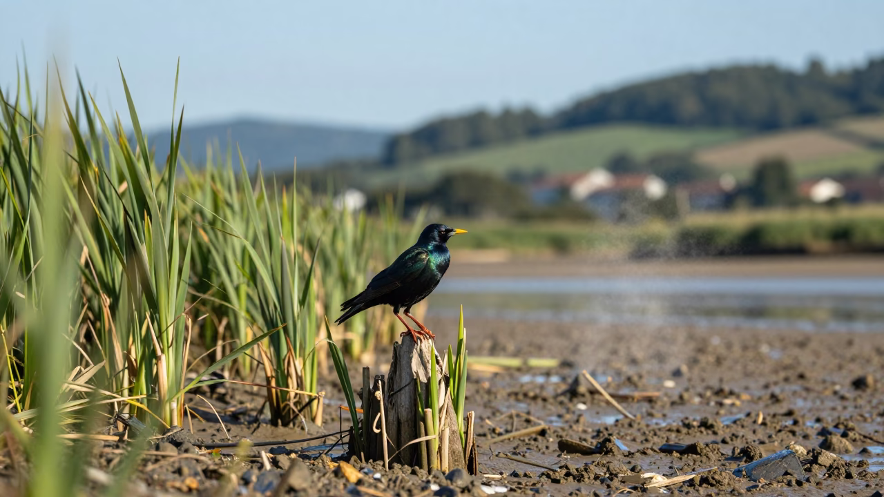 Iridescent Starling at Basque Tidal Inlet in beside a tidal inlet in the Basque Country