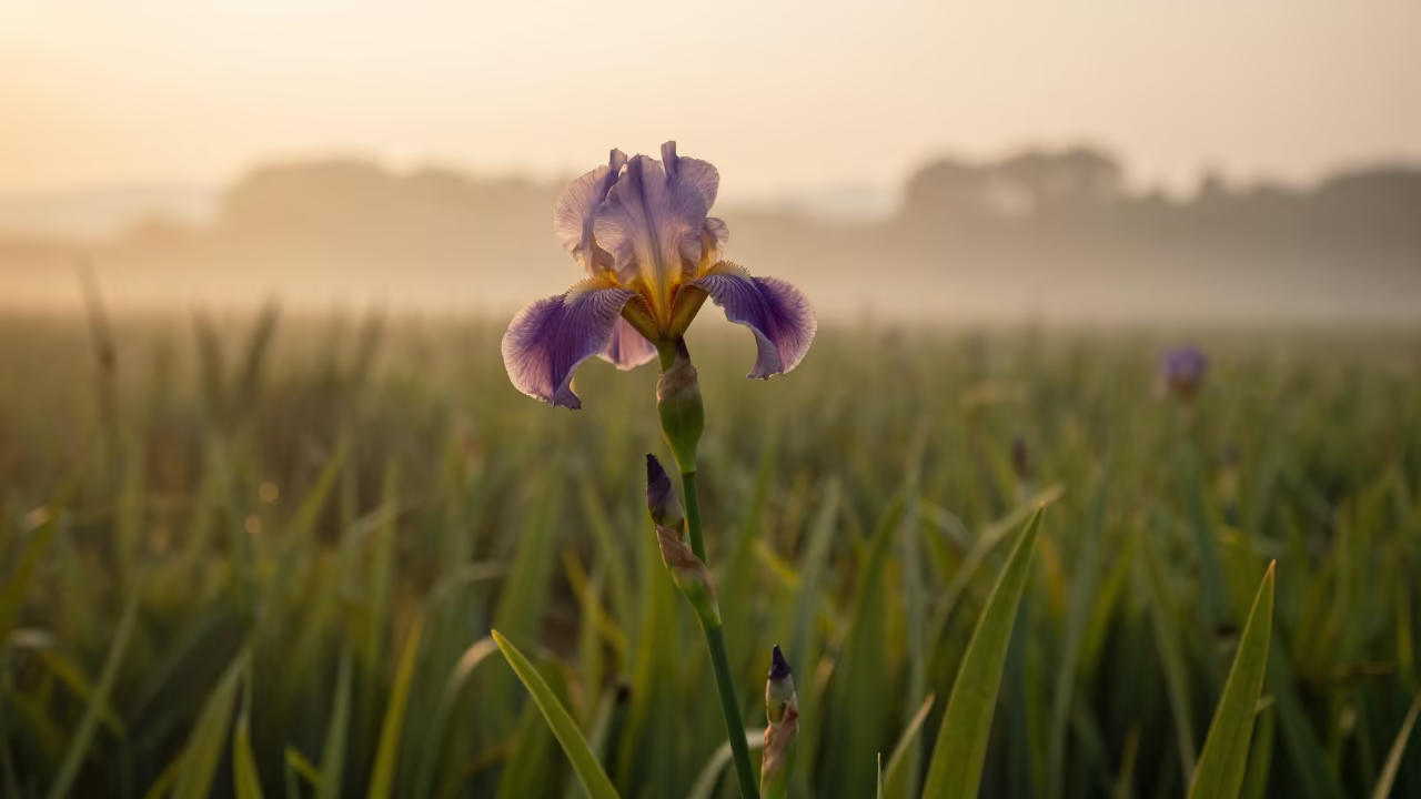 Iris Bloom in Hangzhou Meadow Evening Mist in in a bloom-heavy meadow near Hangzhou