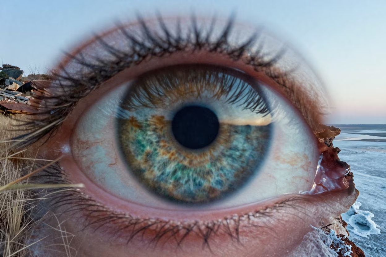 Iris Eye Detail on Zimbabwe Cliff After Rain in along a salt-sprayed cliff edge in Zimbabwe