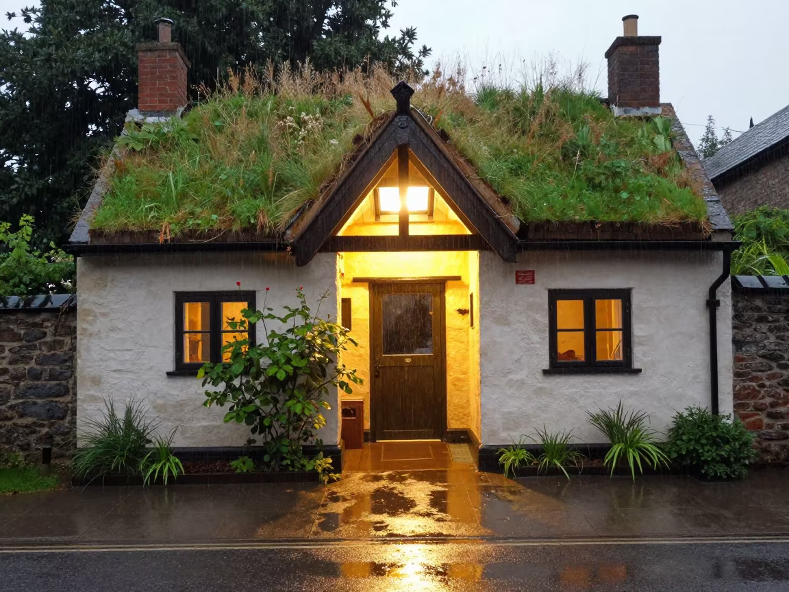 Irish Cob Cottage Grass Roof Skylight Reflection in inside a skylit passageway near Rochester