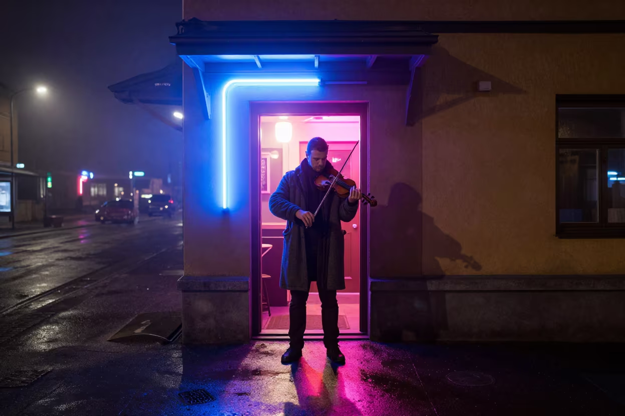 Irish Fiddler in Neon Pub Doorway in near Espoo