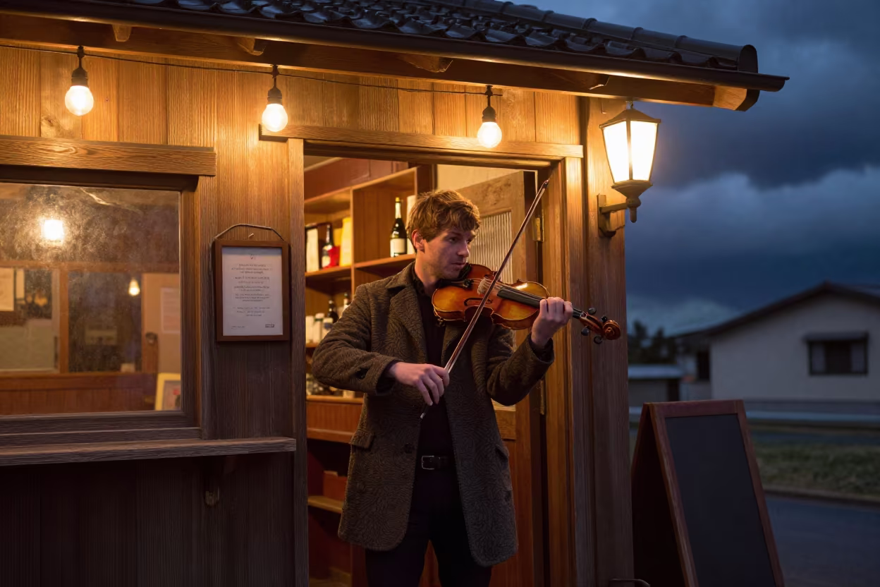 Irish Fiddler in Okayama Pub Doorway Pre-Dawn in in Okayama