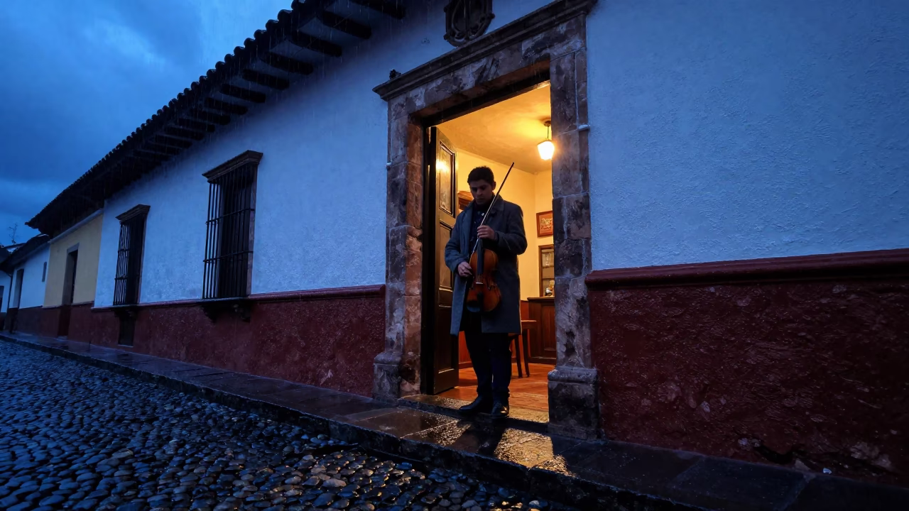 Irish Fiddler in Quetzaltenango Pub Doorway Twilight in in the old quarter in Quetzaltenango