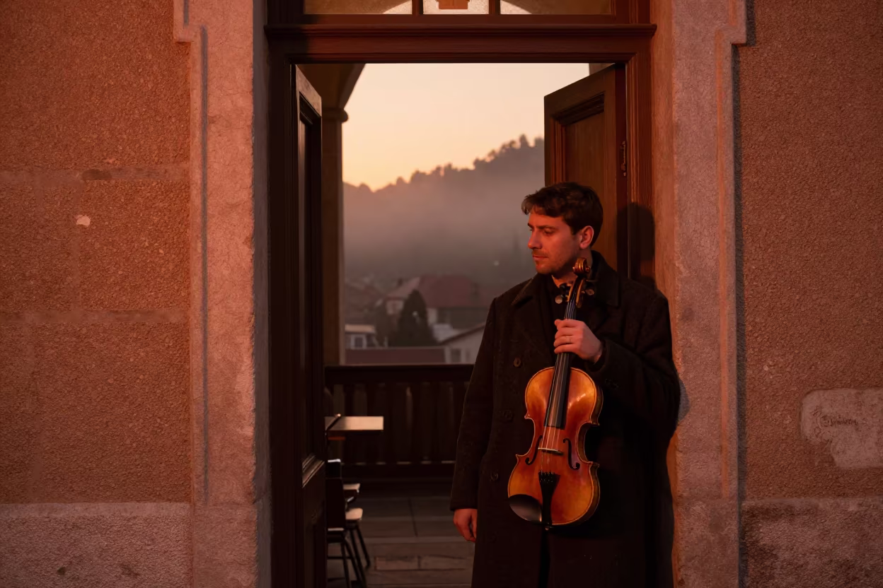 Irish Fiddler in Trento Pub Doorway at Dusk in in Trento