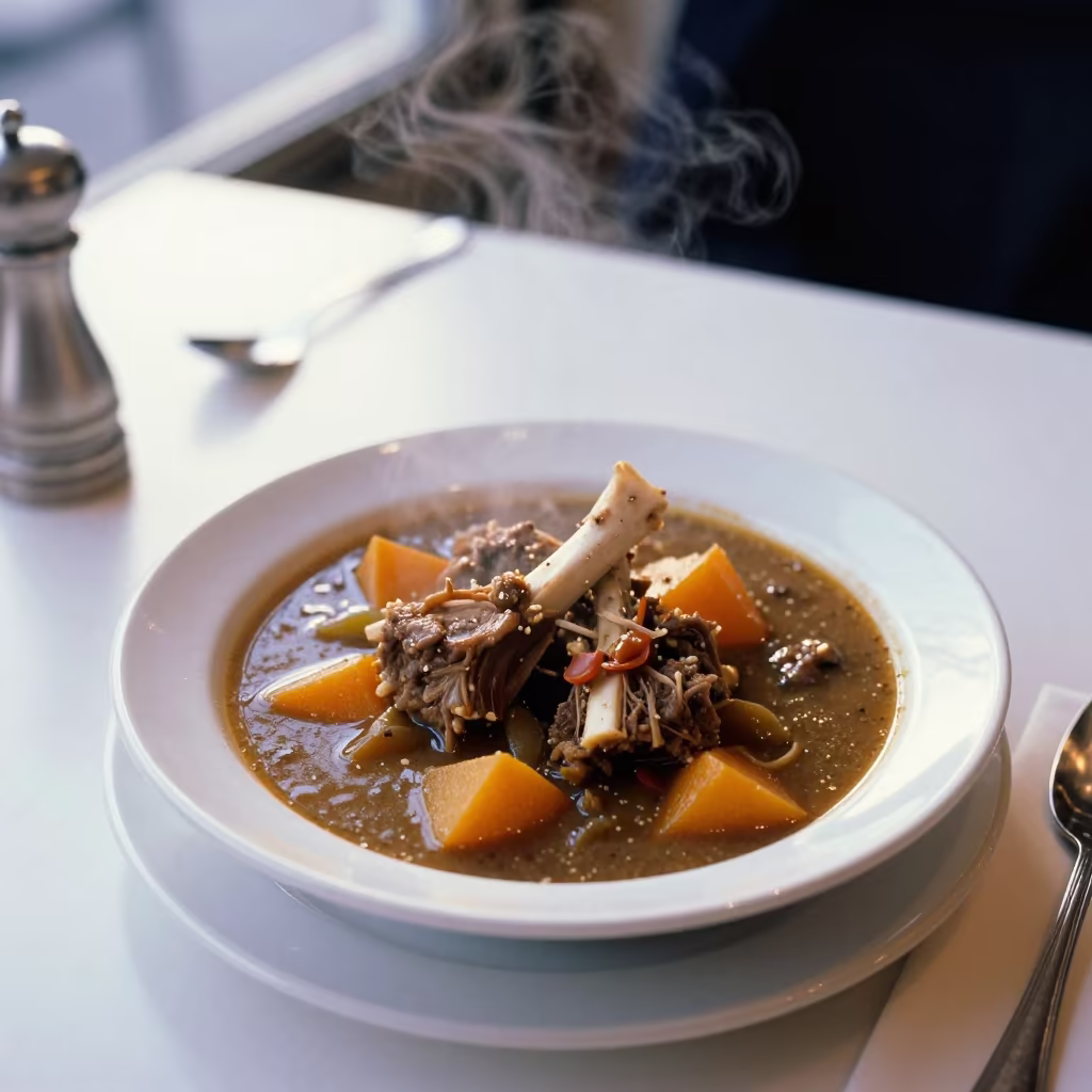 Irish Lamb Stew with Root Vegetables at Swansea Restaurant in on a restaurant table in Swansea