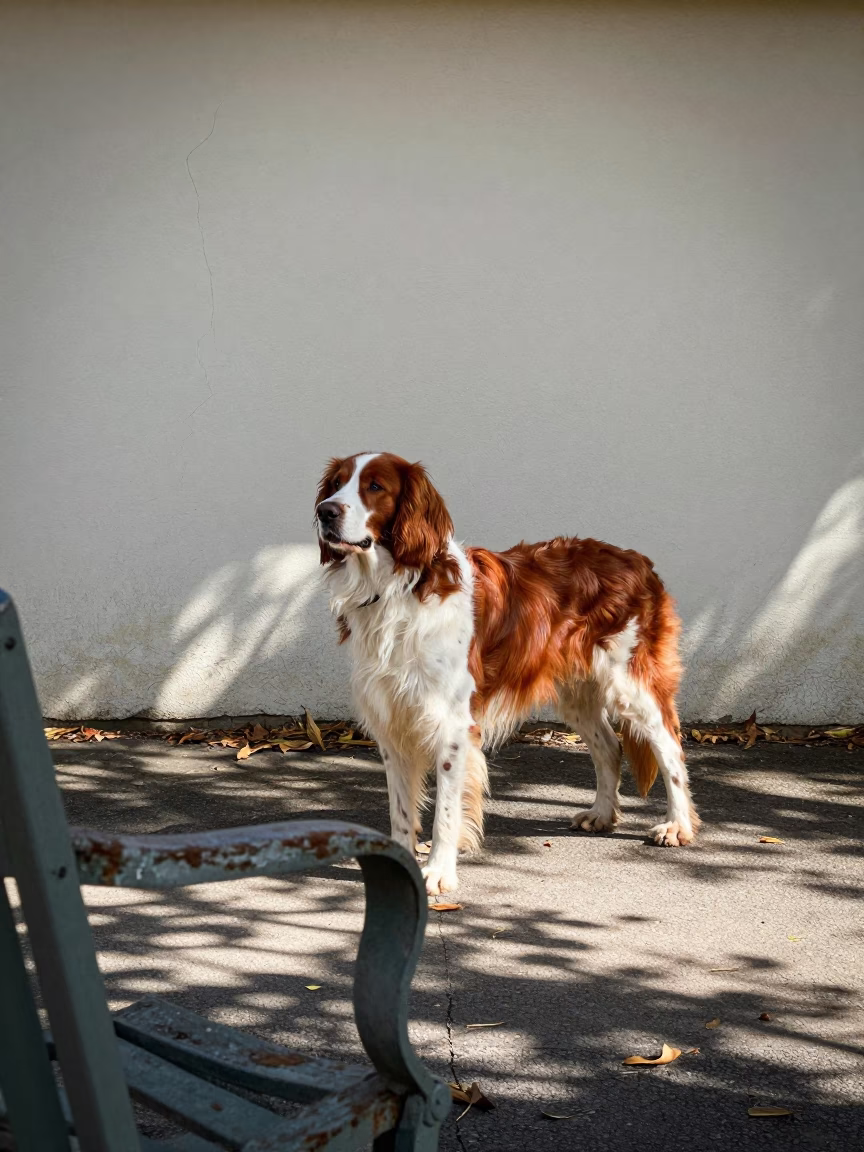 Irish Red and White Setter on Adelaide Path in beside a plain courtyard wall in clear daylight with the animal at eye level in Adelaide
