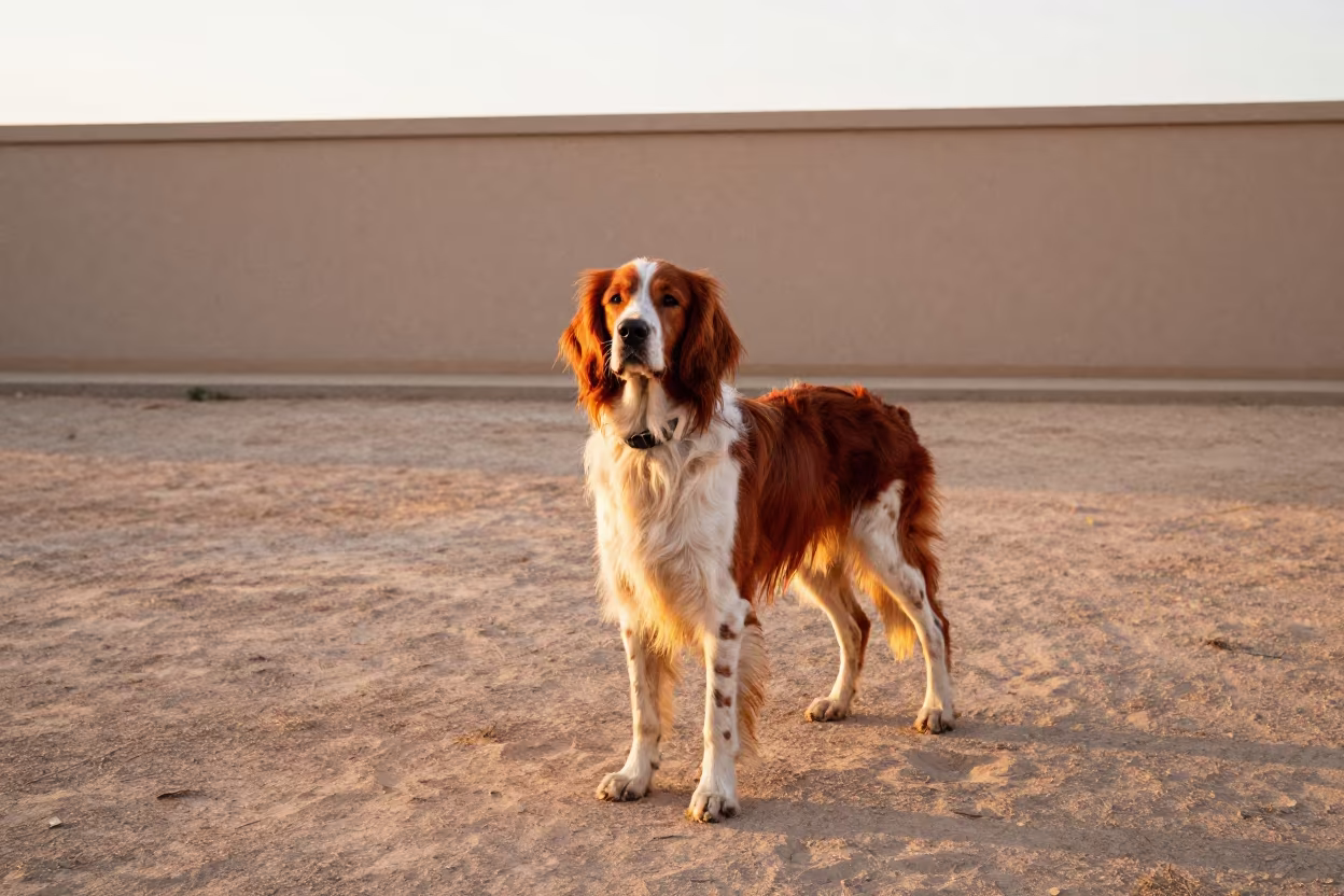 Irish Red and White Setter on Dutse Park Path in beside a plain courtyard wall in clear daylight with the animal at eye level in Dutse