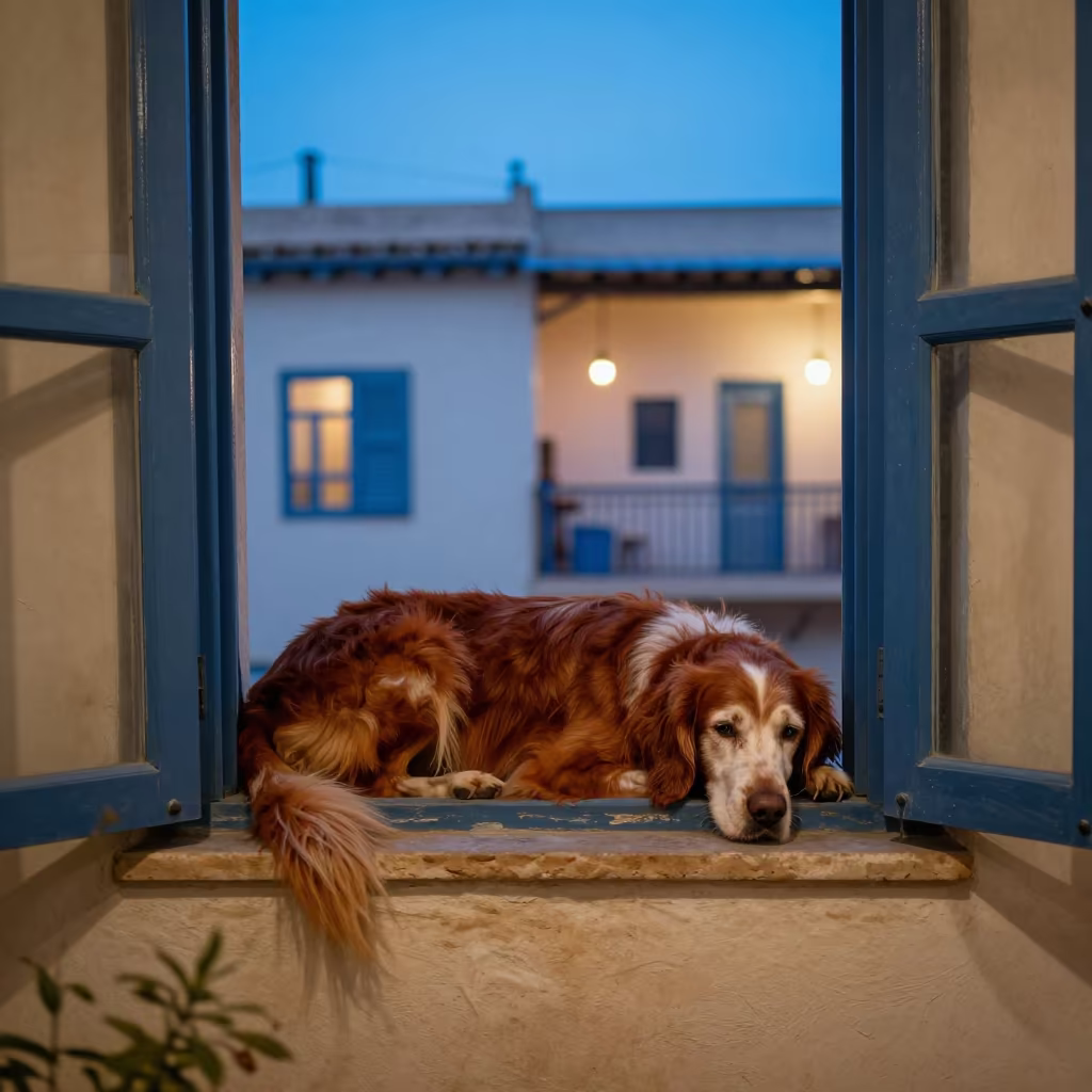 Irish Red and White Setter on Fez Window Seat in on a window seat in a quiet apartment with soft side light in Mellah, Fez