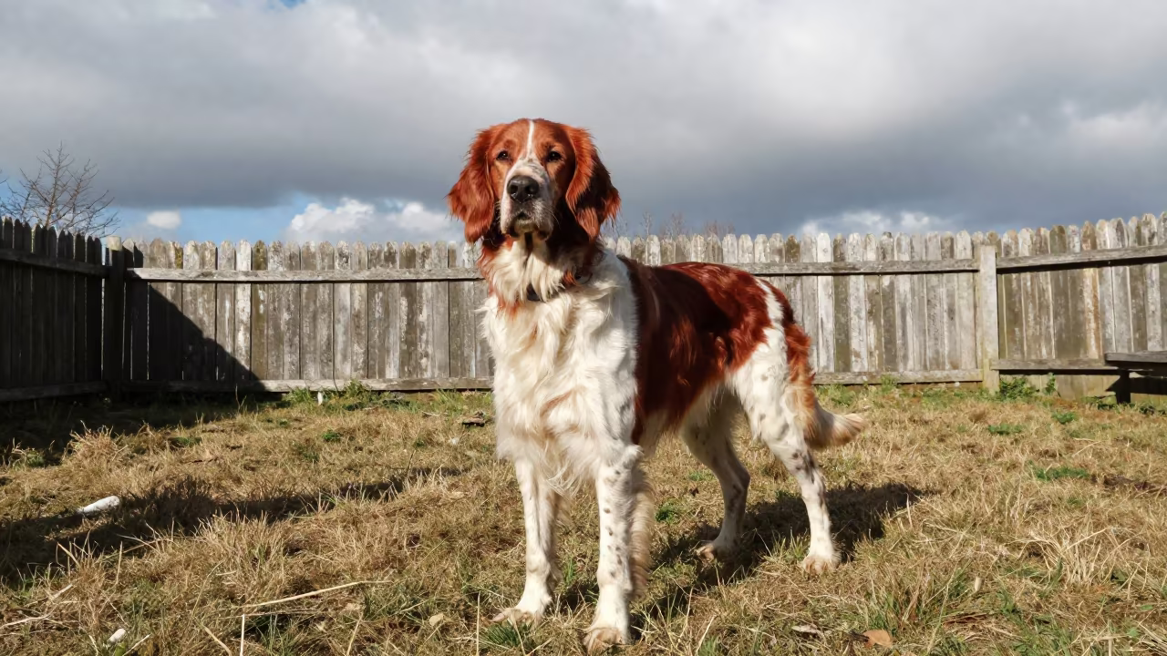 Irish Red and White Setter Portrait in Ait Melloul Yard in in a small yard with clipped grass, calm light, and the animal centered in frame in Ait Melloul
