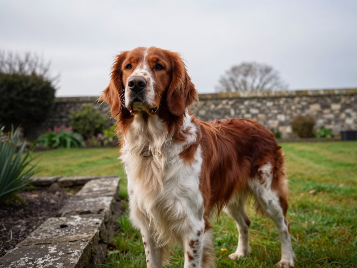 Irish Red and White Setter Portrait in Guangzhou Garden in near a garden edge with soft morning light and an uncluttered background in Guangzhou