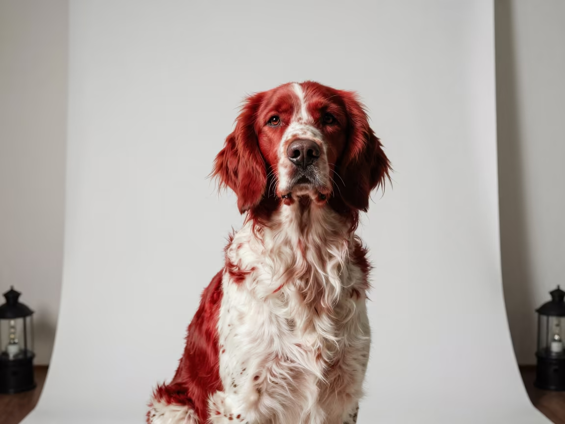 Irish Red and White Setter Portrait in Haiphong Studio in in a quiet portrait studio with a plain backdrop and eye-level framing in Haiphong