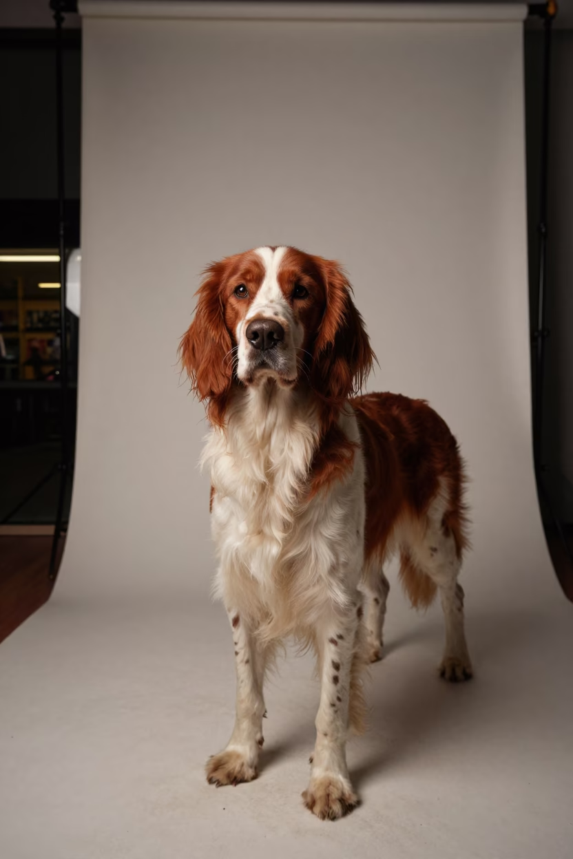 Irish Red and White Setter Portrait in Leeds Studio in in a quiet portrait studio with a plain backdrop and eye-level framing in Leeds