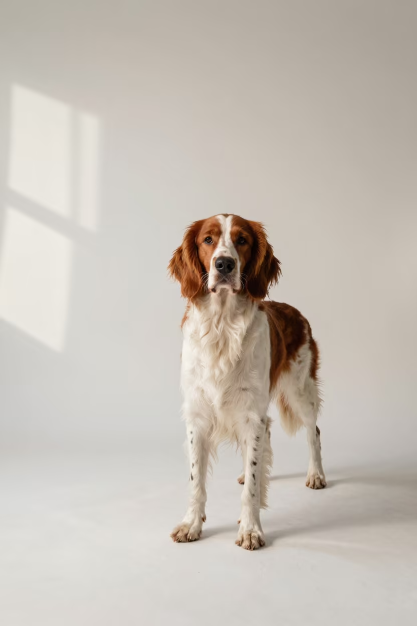 Irish Red and White Setter Portrait in Studio in in a quiet portrait studio with a plain backdrop and eye-level framing near San Luis Potosí