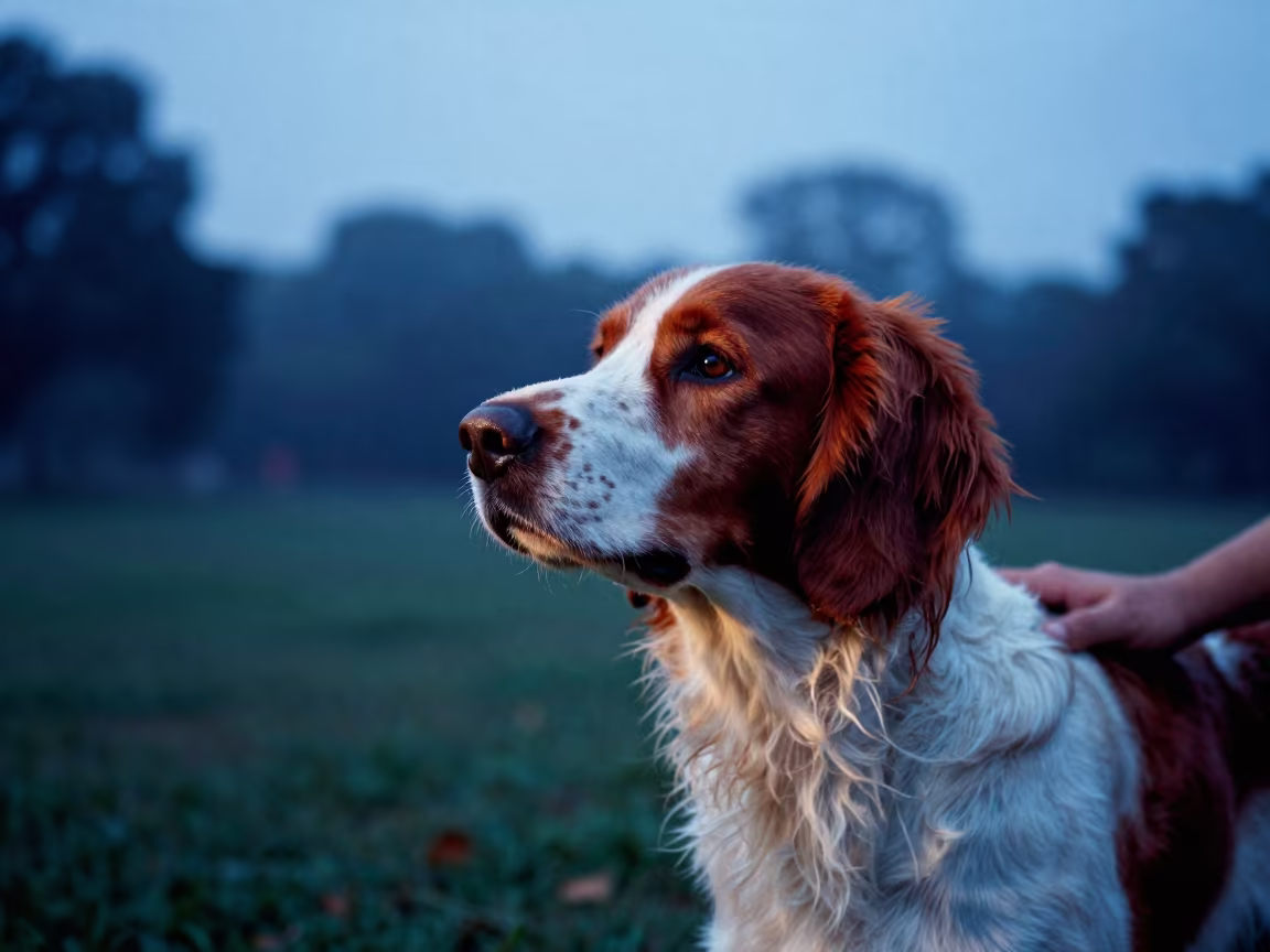 Irish Red and White Setter Portrait Near Mysore Garden in near a garden edge with soft morning light and an uncluttered background near Mysore