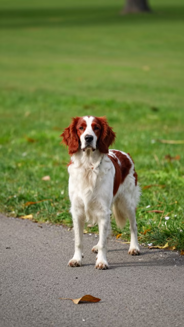 Irish Red and White Setter Portrait Park Path in along a quiet park path with soft open shade and a clean background near Kuala Lumpur