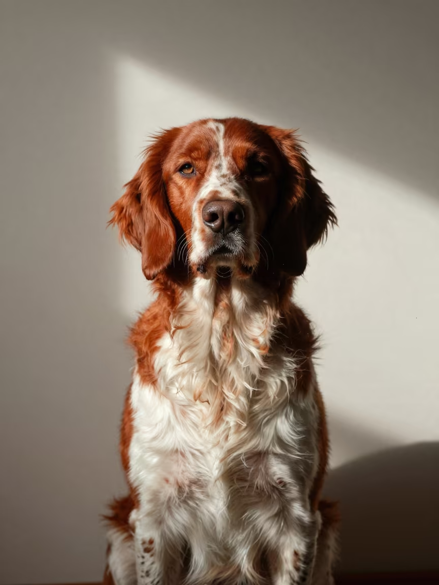 Irish Red and White Setter Portrait in beside a plain plaster wall in soft indoor light with the animal centered in frame in Okene