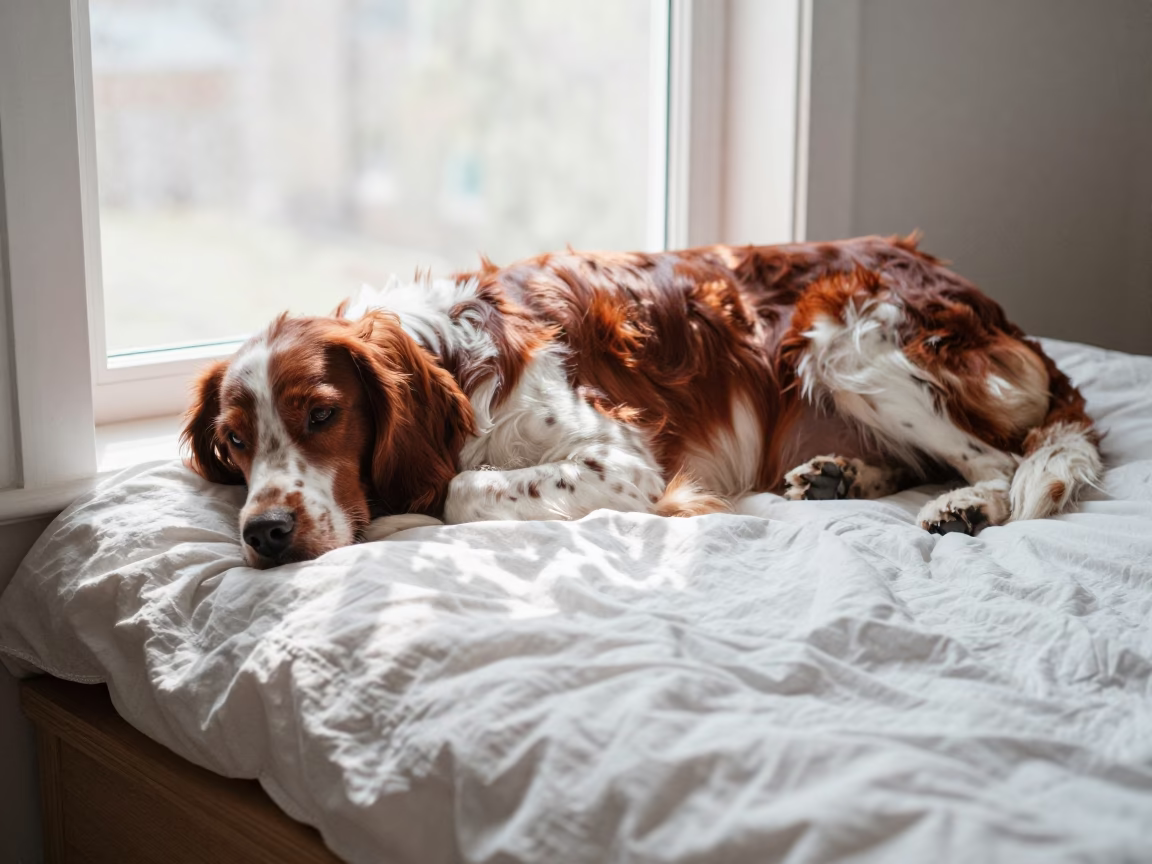 Irish Red and White Setter Resting by Guangzhou Window in on a bedspread near a bright window with calm indoor light near Zhujiang New Town, Guangzhou