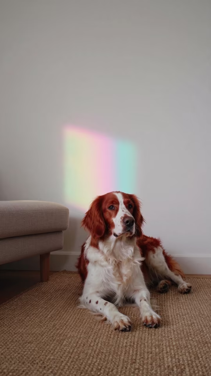 Irish Red and White Setter Resting on Rug in on a woven rug beside a low couch and an uncluttered wall in Aba