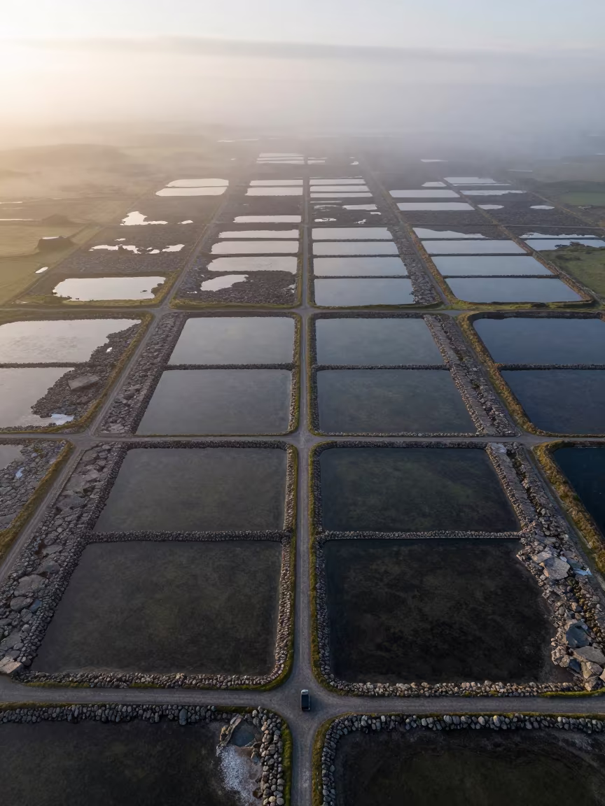 Irish Salt Ponds Aerial Limestone Karst View in high over salt ponds and causeways in Ireland