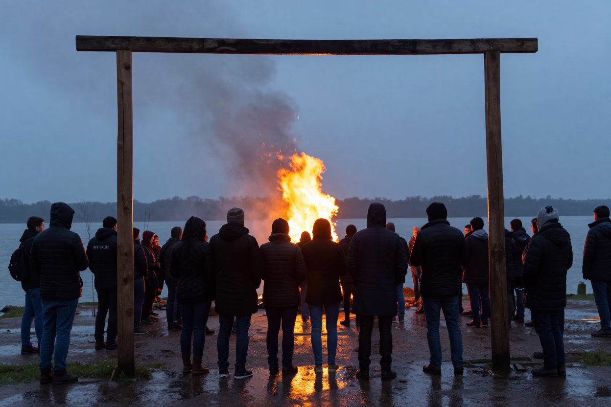 Silhouetted Irish Samhain Fire Festival at Pune Waterfront in at a waterfront celebration near Pune