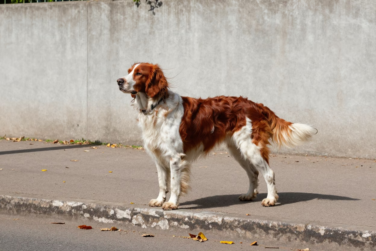 Irish Setter Beside Courtyard Wall in Asuncion in beside a plain courtyard wall in clear daylight with the animal at eye level in Asuncion