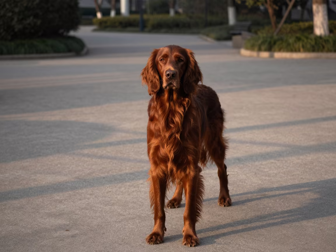 Irish Setter on Chongqing Park Path in along a quiet park path with soft open shade and a clean background near Chongqing