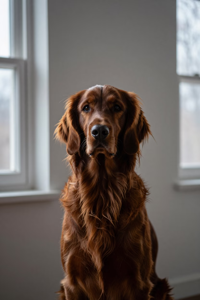 Irish Setter Portrait by Window in Changsha in beside a plain plaster wall in soft indoor light with the animal centered in frame in Changsha