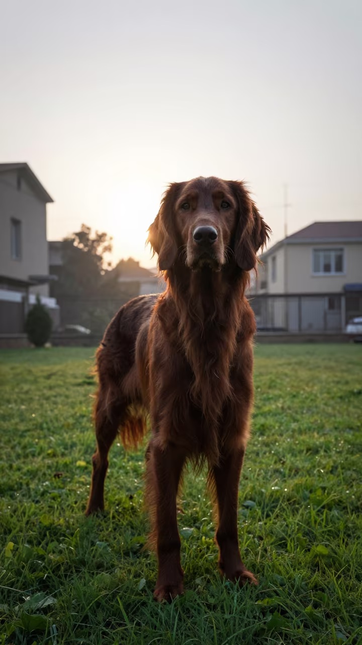 Irish Setter Portrait in Meskel Square Morning Light in in a small yard with clipped grass, calm light, and the animal centered in frame in Meskel Square, Addis Ababa