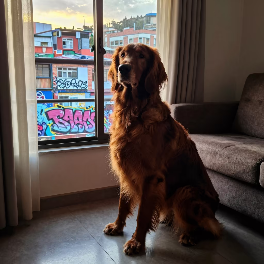 Irish Setter Portrait Near Bogota Window in on a sofa near a curtained window with calm indoor light near Graffiti District, Bogota