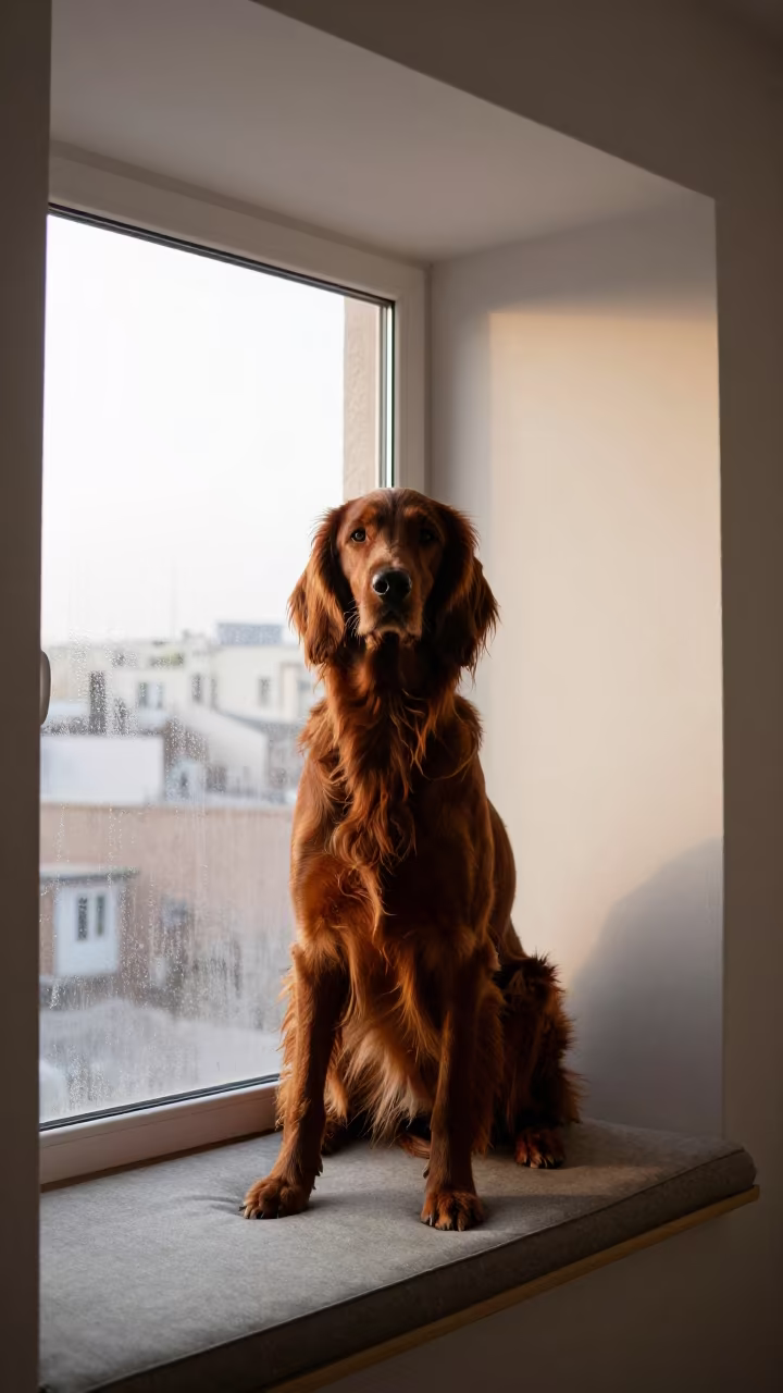 Irish Setter Portrait on Baghdad Window Seat in on a cushioned window seat with soft side light and an uncluttered background in Baghdad