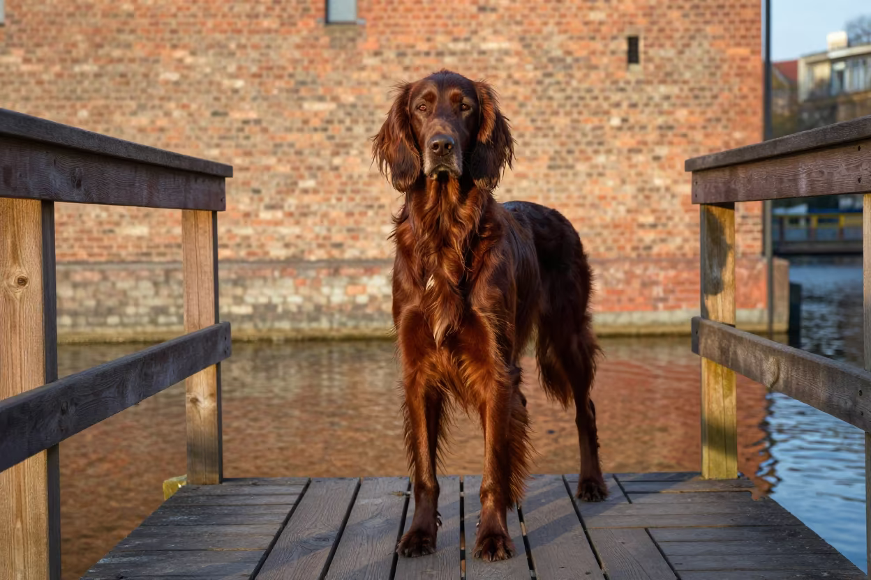 Irish Setter Portrait on Friedrichshain Porch in on a shaded front porch with boards, railings, and eye-level framing in Friedrichshain, Berlin