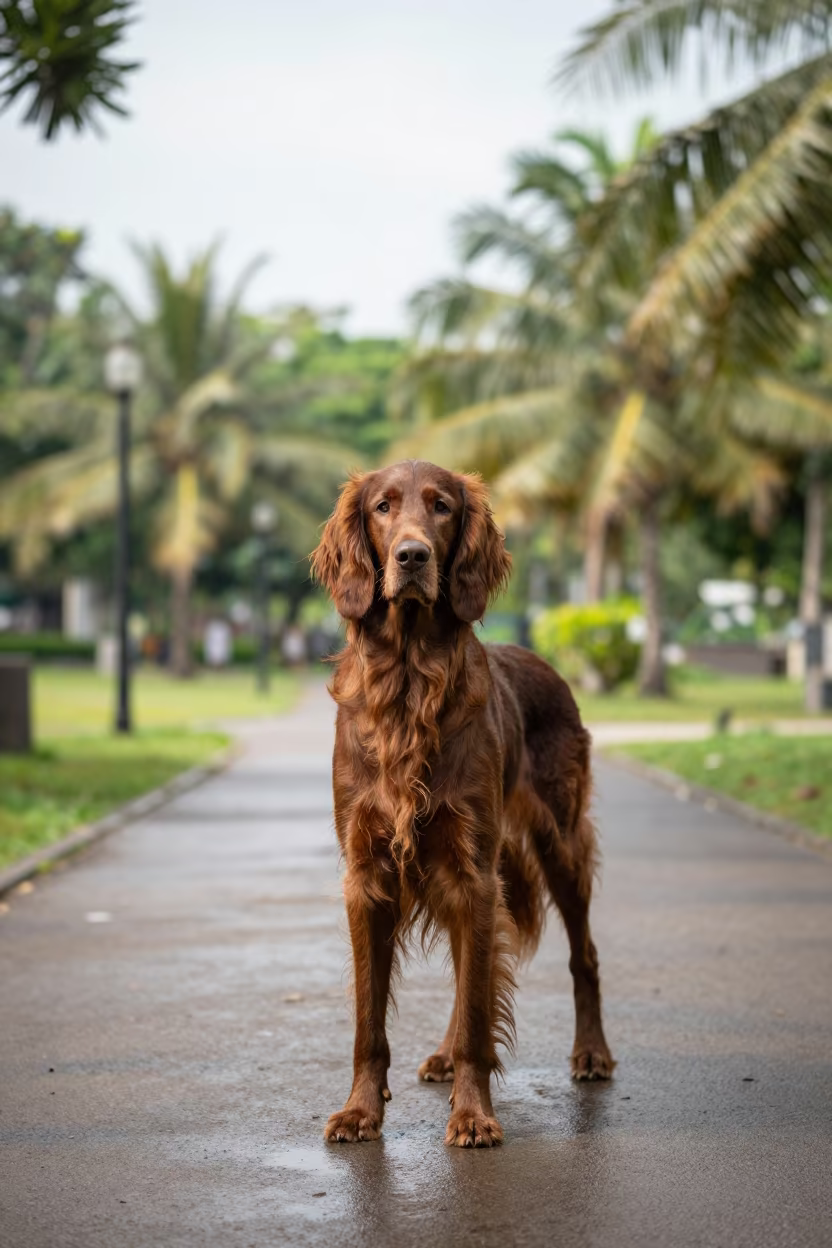 Irish Setter Portrait on Quiet Park Path in Yogyakarta in along a quiet park path with soft open shade and a clean background in Yogyakarta