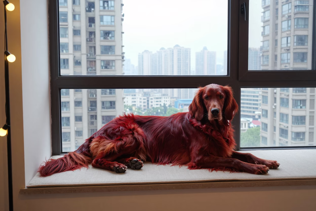 Irish Setter Resting on Chongqing Window Seat in on a window seat in a quiet apartment with soft side light in Chongqing