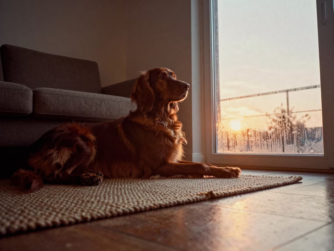 Irish Setter Resting on Rug at Sunset in on a woven rug beside a low couch and an uncluttered wall near Trinidad