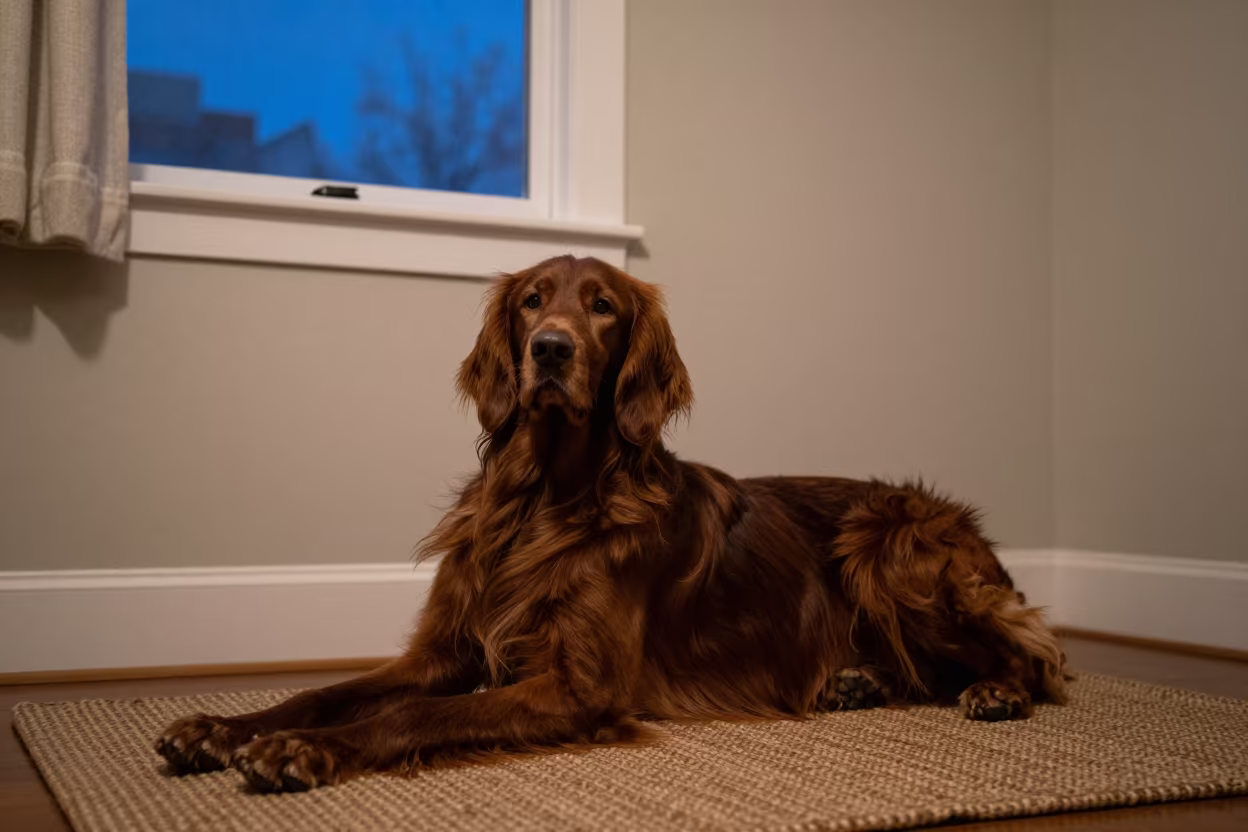 Irish Setter Resting on Woven Rug by Window in on a woven rug beside a low couch and an uncluttered wall in Louisville