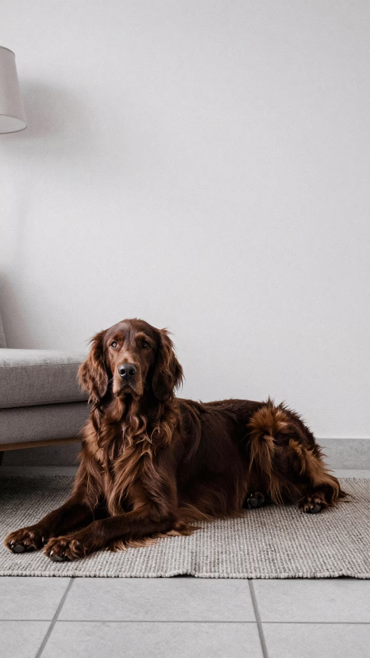 Irish Setter Resting on Woven Rug in Cape Town Home in on a woven rug beside a low couch and an uncluttered wall in Cape Town