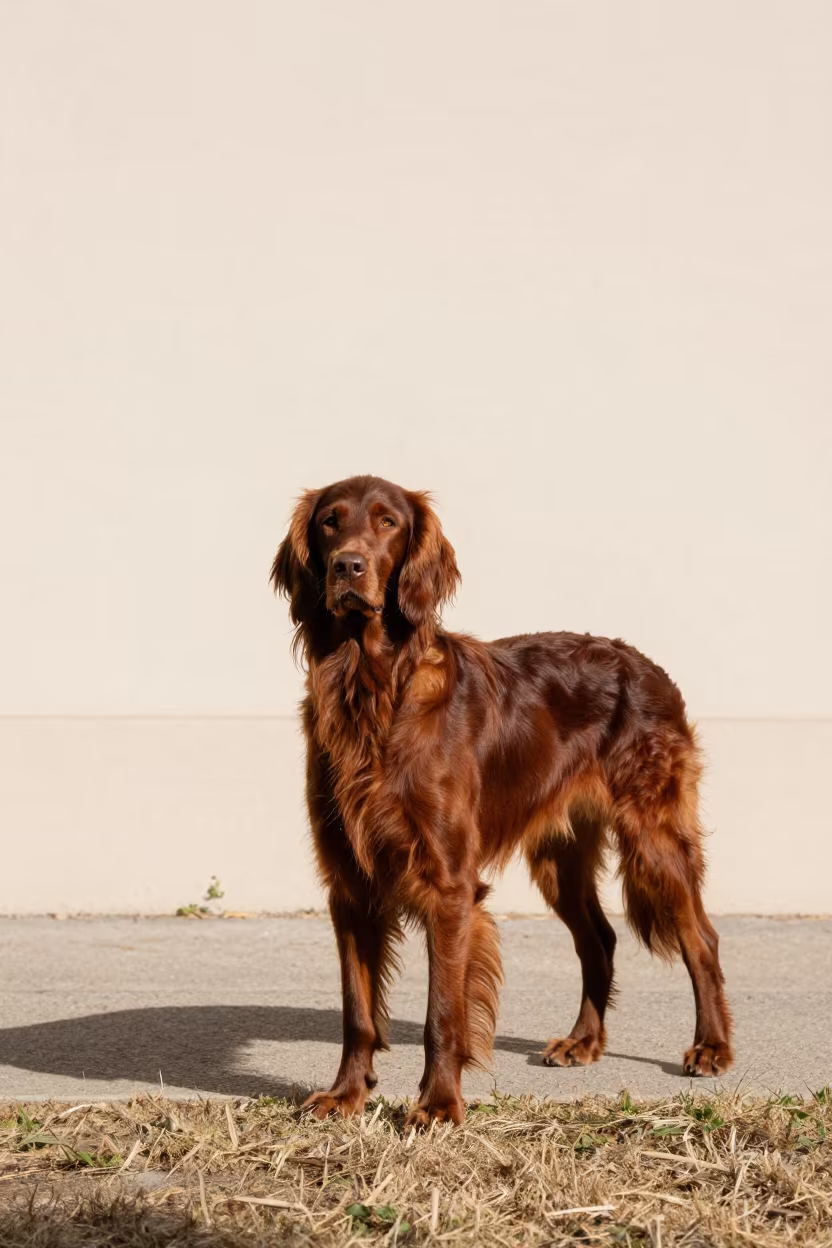Irish Setter Standing Beside Madrid Wall in beside a plain courtyard wall in clear daylight with the animal at eye level near Chamberi, Madrid