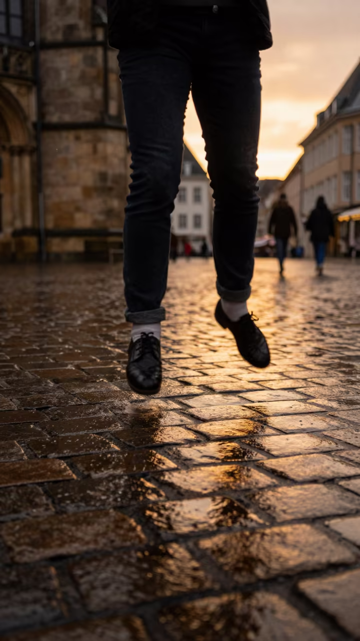 Irish Step Dancer Feet in Amber Rain in at a public square in Trier