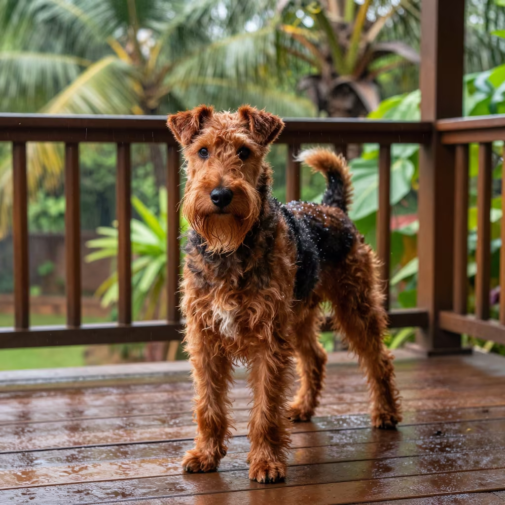 Irish Terrier on Navi Mumbai Porch in on a shaded front porch with boards, railings, and eye-level framing in Navi Mumbai