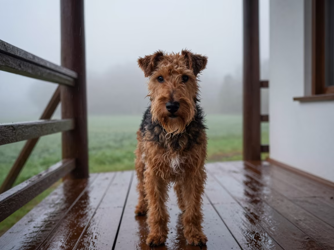 Irish Terrier on Shaded Palma Soriano Porch in on a shaded front porch with boards, railings, and eye-level framing in Palma Soriano