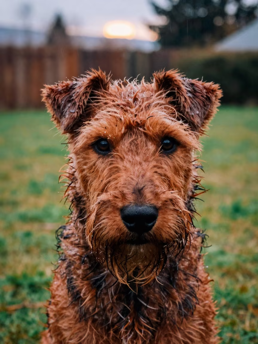 Irish Terrier Portrait in Bariloche Rain in in a small yard with clipped grass, calm light, and the animal centered in frame in Bariloche