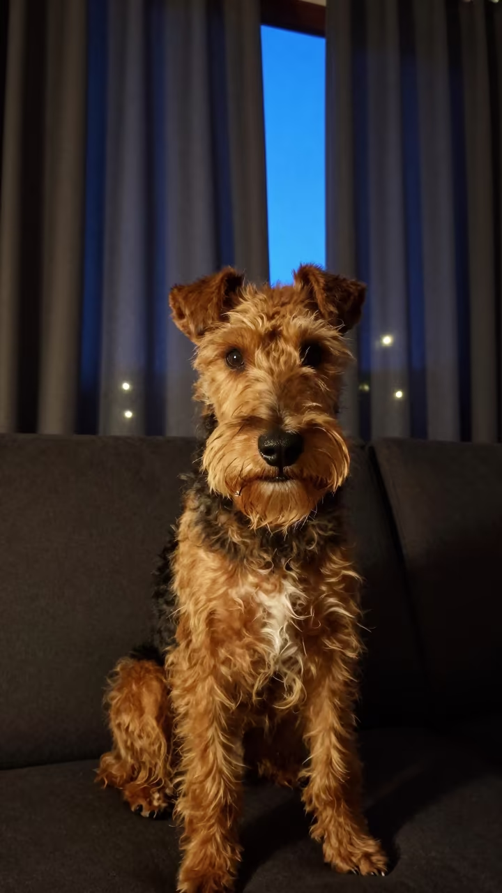 Irish Terrier Portrait in Twilight Glow Near Window in on a sofa near a curtained window with calm indoor light in Mbale