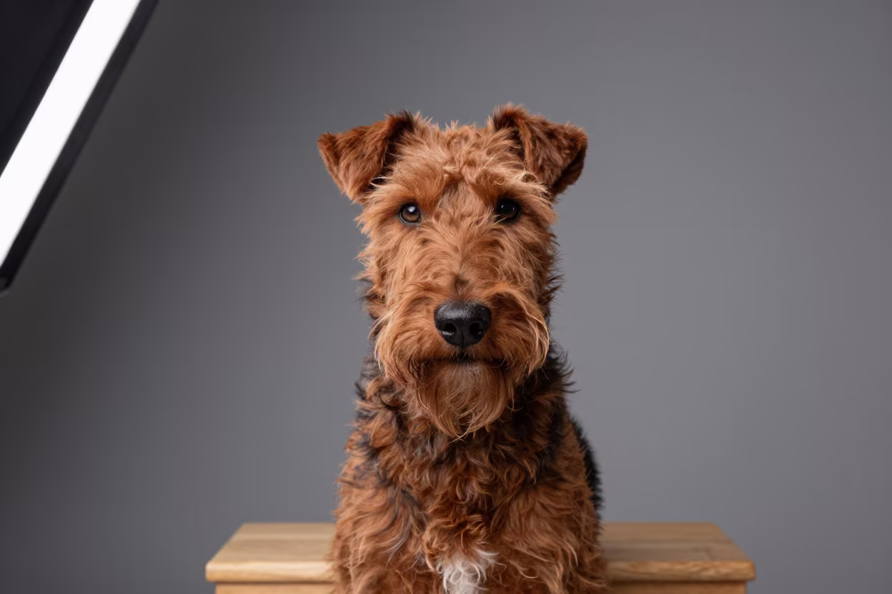 Irish Terrier Portrait in Veracruz Studio in in a quiet portrait studio with a plain backdrop and eye-level framing in Veracruz