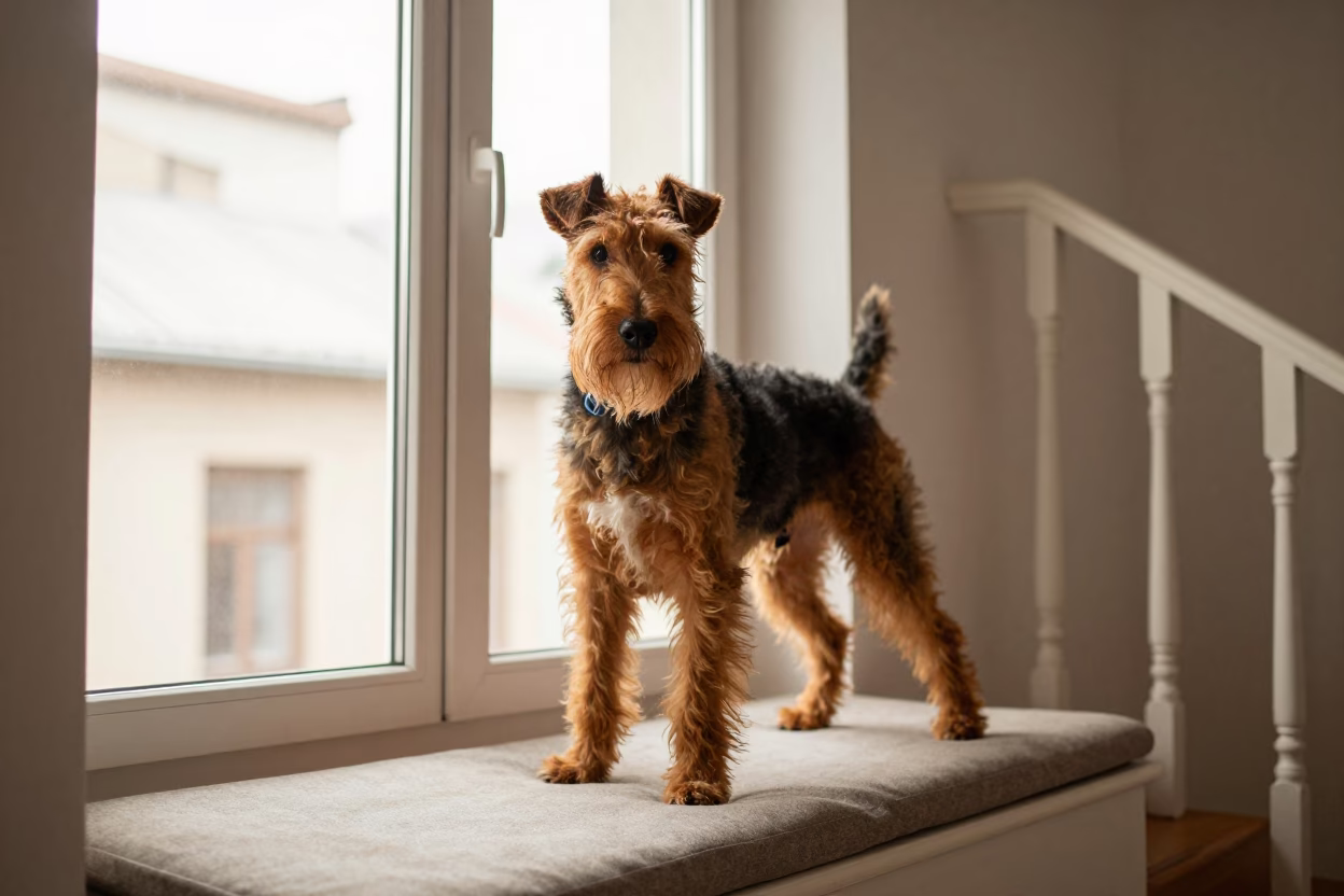Irish Terrier Portrait on Bursa Window Seat in on a cushioned window seat with soft side light and an uncluttered background near Bursa