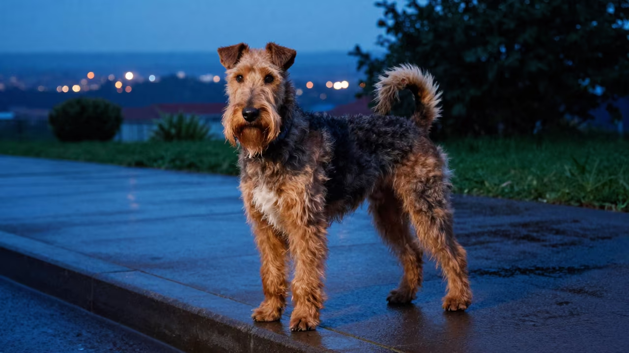 Irish Terrier Portrait on Owerri Curb in near a garden edge with soft morning light and an uncluttered background in Owerri
