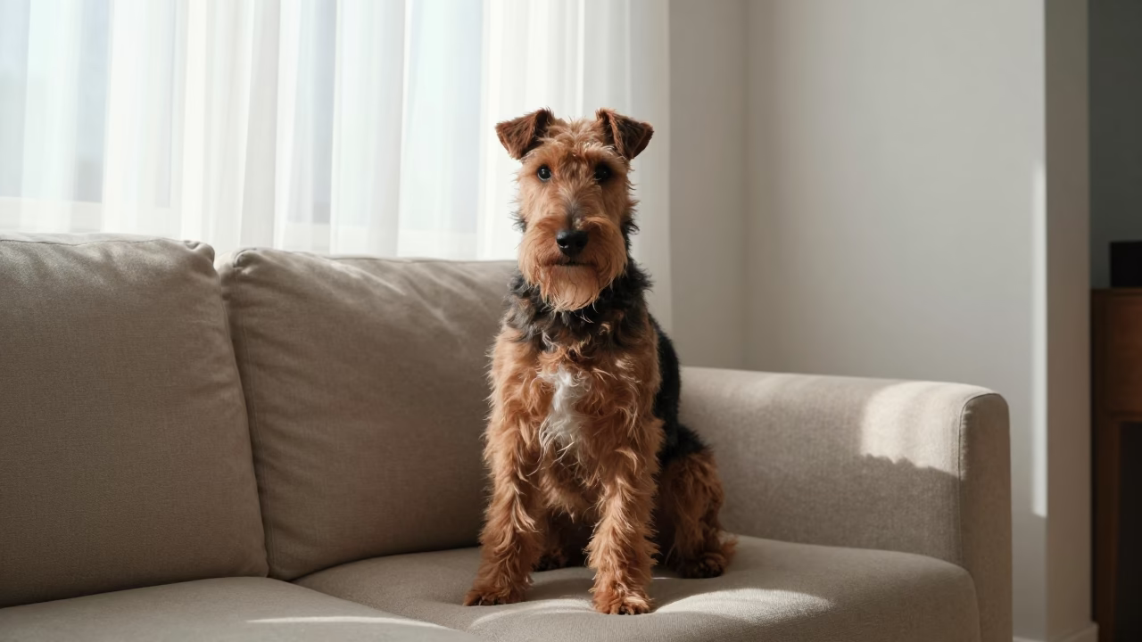 Irish Terrier Portrait on Sofa Near Window in on a sofa near a curtained window with calm indoor light in Ulhasnagar