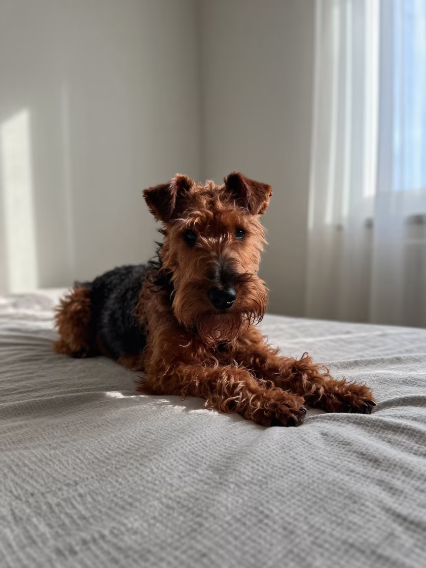 Irish Terrier Resting on Bedspread Near Window in on a bedspread near a bright window with calm indoor light in Moscow
