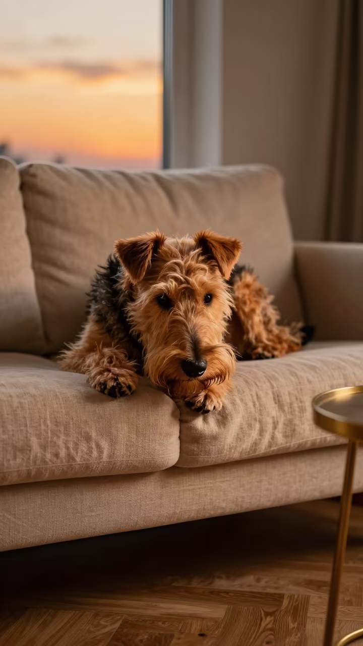 Irish Terrier Resting on Linen Sofa in Bishkek Home in on a linen sofa with daylight from a nearby window in Bishkek